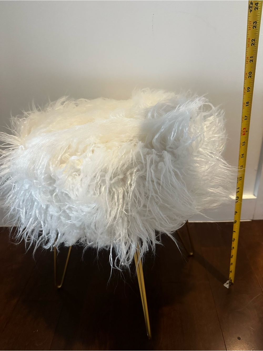 White Faux Fur Accent Stool with Gold Legs - Home Art